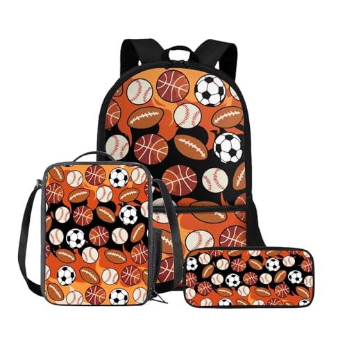 Belidome 3-in-1-Rucksack für Damen, Herren, Jungen, Mädchen, Schule, Büchertasche mit Lunchtasche, Federmäppchen, Schulbüchertaschen-Set, Ballaufdruck, Einheitsgröße, Schulranzen-Set von Belidome