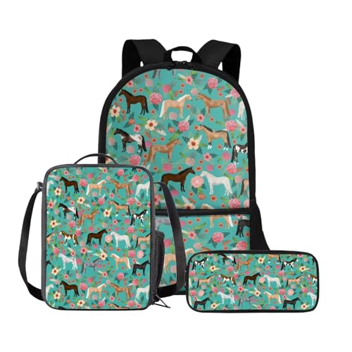 Belidome 3-in-1-Rucksack für Damen, Herren, Jungen, Mädchen, Schule, Büchertasche mit Lunchtasche, Federmäppchen, Schulbüchertaschen-Set, Blumenpferd, Einheitsgröße, Schulranzen-Set von Belidome