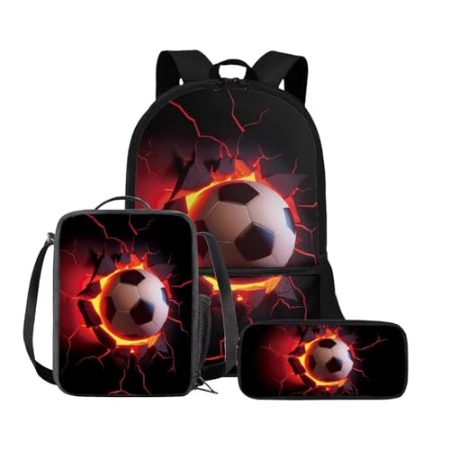 Belidome 3-in-1-Rucksack für Damen, Herren, Jungen, Mädchen, Schule, Büchertasche mit Lunchtasche, Federmäppchen, Schulbüchertaschen-Set, Fire Soccer, Einheitsgröße, Schulranzen-Set von Belidome