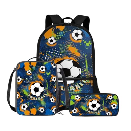 Belidome 3-in-1-Rucksack für Damen, Herren, Jungen, Mädchen, Schule, Büchertasche mit Lunchtasche, Federmäppchen, Schulbüchertaschen-Set, Fußball-Aufdruck, Einheitsgröße, Schulranzen-Set von Belidome