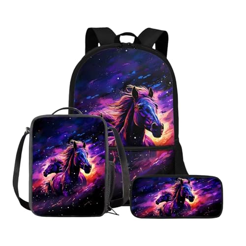 Belidome 3-in-1-Rucksack für Damen, Herren, Jungen, Mädchen, Schule, Büchertasche mit Lunchtasche, Federmäppchen, Schulbüchertaschen-Set, Galaxie-Pferd, Einheitsgröße, Schulranzen-Set von Belidome