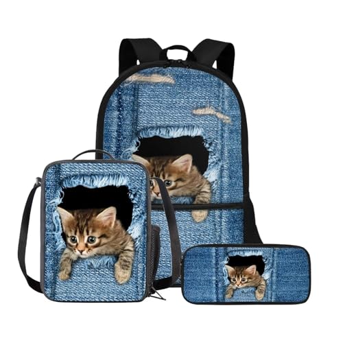 Belidome 3-in-1-Rucksack für Damen, Herren, Jungen, Mädchen, Schule, Büchertasche mit Lunchtasche, Federmäppchen, Schulbüchertaschen-Set, Katze, niedlich, Einheitsgröße, Schulranzen-Set von Belidome