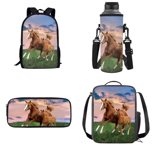 Belidome 4-in-1-Reiserucksack-Set für Kinder, Mädchen, Jungen, lässiger Reiserucksack, Horse-2, Einheitsgröße, Kinderrucksack von Belidome