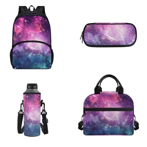 Belidome 4-in-1-Rucksack-Set für Jungen und Mädchen, mit Lunchtasche, Federmäppchen, Wasserflaschenhalter, Schulbüchertasche, Tagesrucksack, Lila Galaxy, Onesized, Kinderrucksack von Belidome