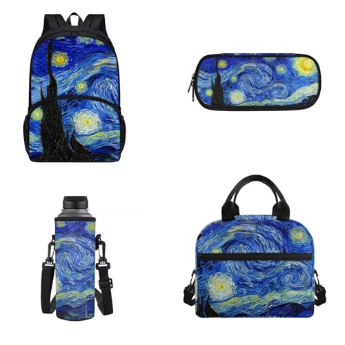 Belidome 4-in-1-Rucksack-Set für Jungen und Mädchen, mit Lunchtasche, Federmäppchen, Wasserflaschenhalter, Schulbüchertasche, Tagesrucksack, Van Gogh Sternennacht, Onesized, Kinderrucksack von Belidome