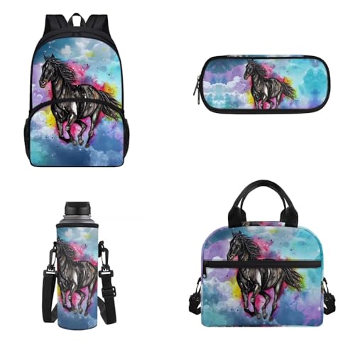 Belidome 4-teiliger Rucksack, Lunchtasche, Federmäppchen, Wasserflaschenhalter für Kinder, Erwachsene, Unisex, leicht, isoliert, Tagesrucksack, Aquarell-Pferd, Onesized, Kinderrucksack von Belidome