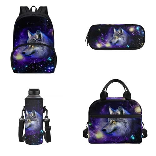 Belidome 4-teiliger Rucksack, Lunchtasche, Federmäppchen, Wasserflaschenhalter für Kinder, Erwachsene, Unisex, leicht, isoliert, Tagesrucksack, Galaxy Wolf, Onesized, Kinderrucksack von Belidome