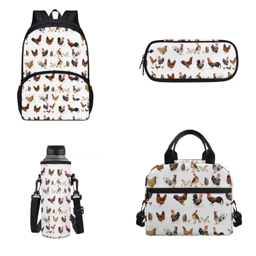 Belidome 4-teiliger Rucksack, Lunchtasche, Federmäppchen, Wasserflaschenhalter für Kinder, Erwachsene, Unisex, leicht, isoliert, Tagesrucksack, Huhn, Onesized, Kinderrucksack von Belidome