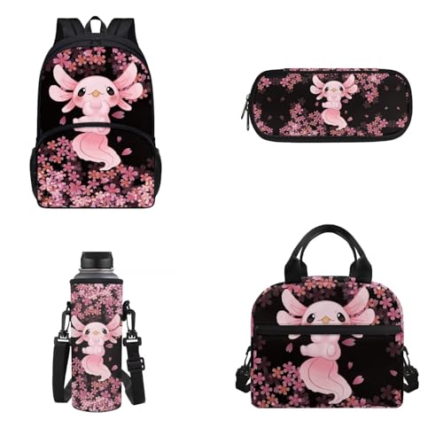 Belidome 4-teiliger Rucksack, Lunchtasche, Federmäppchen, Wasserflaschenhalter für Kinder, Erwachsene, Unisex, leicht, isoliert, Tagesrucksack, Kirschblüte Axolotl, Onesized, Kinderrucksack von Belidome