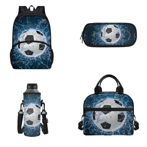 Belidome 4-teiliger Rucksack, Lunchtasche, Federmäppchen, Wasserflaschenhalter für Kinder, Erwachsene, Unisex, leicht, isoliert, Tagesrucksack, Wasserfußball, Onesized, Kinderrucksack von Belidome