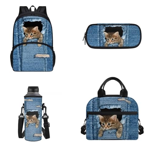 Belidome 4-teiliger Rucksack, Lunchtasche, Federmäppchen, Wasserflaschenhalter für Kinder, Erwachsene, Unisex, leicht, isoliert, Tagesrucksack, katze, Onesized, Kinderrucksack von Belidome