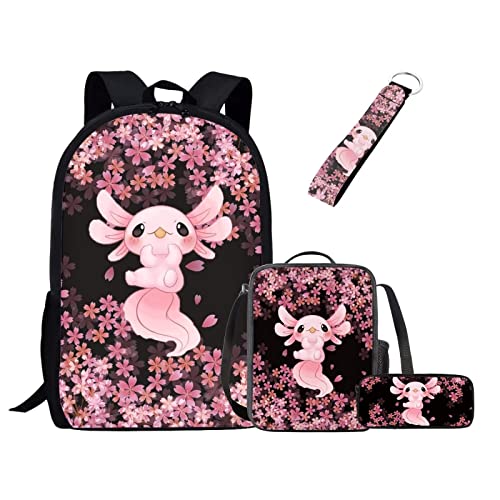 Belidome 4-teiliges Kinder-Rucksack-Set, Lunch-Tasche, Federmäppchen, Schlüsselanhänger, Axolotl Kirschblüte, Einheitsgröße, Kinderrucksack von Belidome