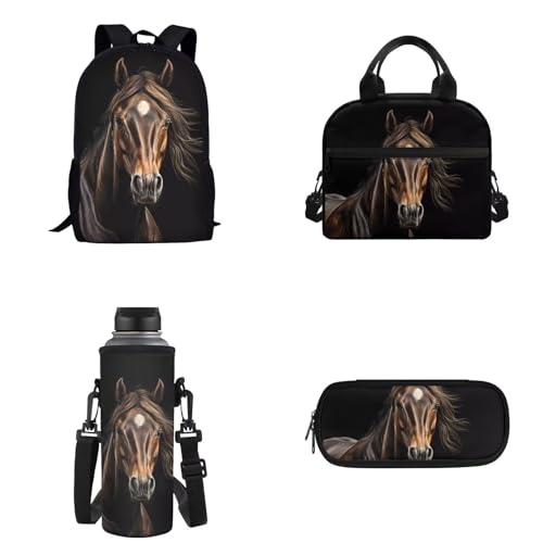 Belidome 4-teiliges Reiserucksack-Set für Kinder, Jungen, Mädchen, Schule, Lunchtasche, Horse-3, Einheitsgröße, Kinderrucksack von Belidome