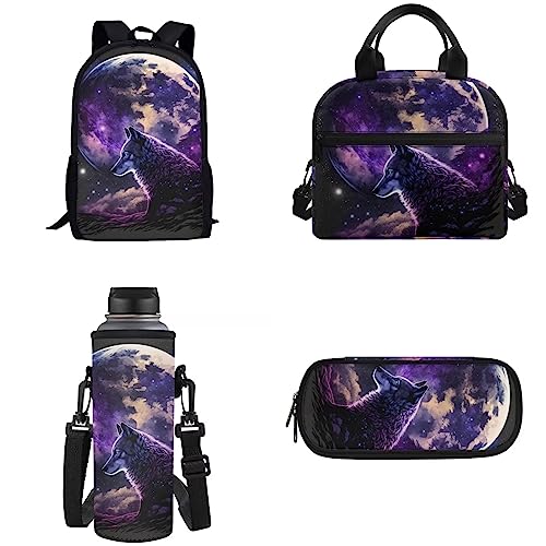 Belidome 4-teiliges Reiserucksack-Set für Teenager, Kinder, Schule, Büchertasche, Wolf Planet, Einheitsgröße, Kinderrucksack von Belidome