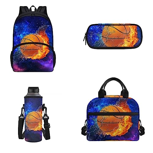 Belidome 4-teiliges Rucksack-Set für 43,2 cm (17 Zoll) Laptop-Rucksack, Camping-Rucksack für Jungen und Mädchen, Basketball Fire Galaxy Stars, Einheitsgröße, Kinderrucksack von Belidome