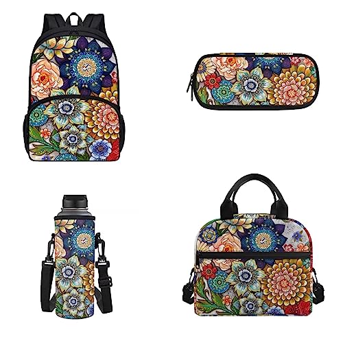 Belidome 4-teiliges Rucksack-Set für 43,2 cm (17 Zoll) Laptop-Rucksack, Camping-Rucksack für Jungen und Mädchen, Boho Flower, Einheitsgröße, Kinderrucksack von Belidome