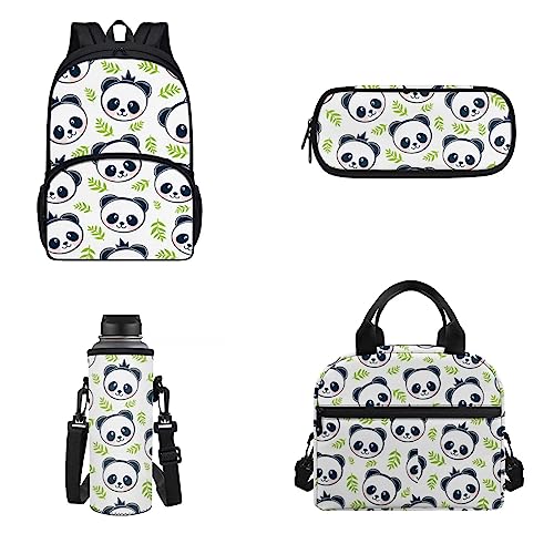 Belidome 4-teiliges Rucksack-Set für 43,2 cm (17 Zoll) Laptop-Rucksack, Camping-Rucksack für Jungen und Mädchen, Niedliche Panda-Blätter, Einheitsgröße, Kinderrucksack von Belidome