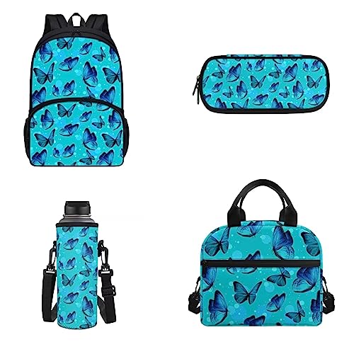 Belidome 4-teiliges Rucksack-Set für 43,2 cm (17 Zoll) Laptop-Rucksack, Camping-Rucksack für Jungen und Mädchen, blau mit schmetterlingen, Einheitsgröße, Kinderrucksack von Belidome