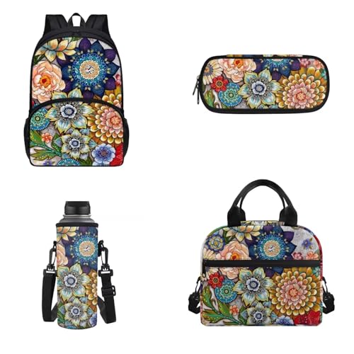 Belidome 4-teiliges Rucksack-Set für Mädchen und Jungen, Schultasche mit Lunchtasche, Federmäppchen, Wasserflaschenhalter, Boho Flower, Onesized, Kinderrucksack von Belidome