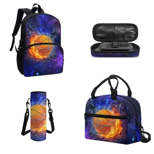 Belidome 4-teiliges Rucksack-Set für Mädchen und Jungen, Schultasche mit Lunchtasche, Federmäppchen, Wasserflaschenhalter, Galaxy-Basketball, Onesized, Kinderrucksack von Belidome