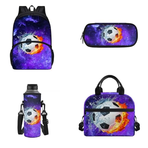 Belidome 4-teiliges Rucksack-Set für Mädchen und Jungen, Schultasche mit Lunchtasche, Federmäppchen, Wasserflaschenhalter, Galaxy Soccer, Onesized, Kinderrucksack von Belidome