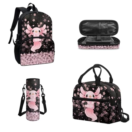 Belidome 4-teiliges Rucksack-Set für Mädchen und Jungen, Schultasche mit Lunchtasche, Federmäppchen, Wasserflaschenhalter, Kirschblüte Axolotl, Onesized, Kinderrucksack von Belidome