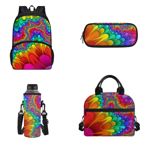 Belidome 4-teiliges Rucksack-Set für Mädchen und Jungen, Schultasche mit Lunchtasche, Federmäppchen, Wasserflaschenhalter, Regenbogenfarben., Onesized, Kinderrucksack von Belidome