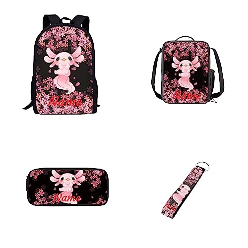 Belidome 4-teiliges Schulrucksack-Set für Kinder, Lunch-Tasche, Federmappe, Schlüsselanhänger, Axolotl Kirschblüte Sakura, Einheitsgröße, Kinderrucksack von Belidome