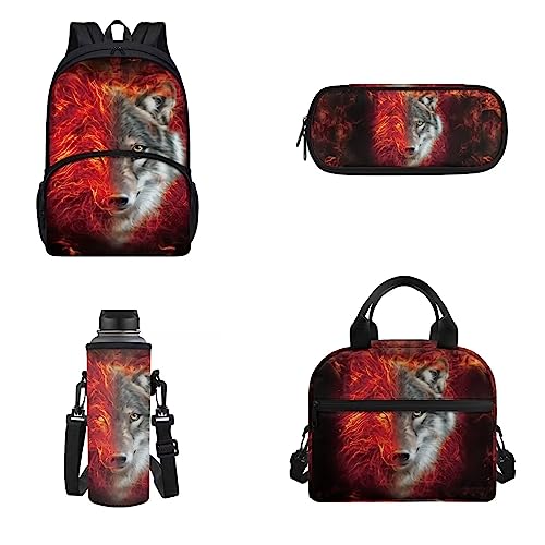 Belidome 4-teiliges Schulrucksack-Set für Männer und Frauen, Lunch-Taschen, Federmäppchen, Wasserflaschen-Tasche, 1-Wolf-Feuer, Einheitsgröße, Kinderrucksack von Belidome