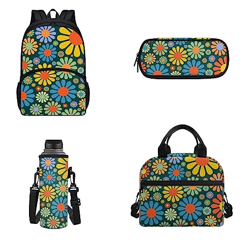 Belidome 4-teiliges Schulrucksack-Set für Männer und Frauen, Lunch-Taschen, Federmäppchen, Wasserflaschen-Tasche, Abstrakte Hippie-Blumen, Einheitsgröße, Kinderrucksack von Belidome