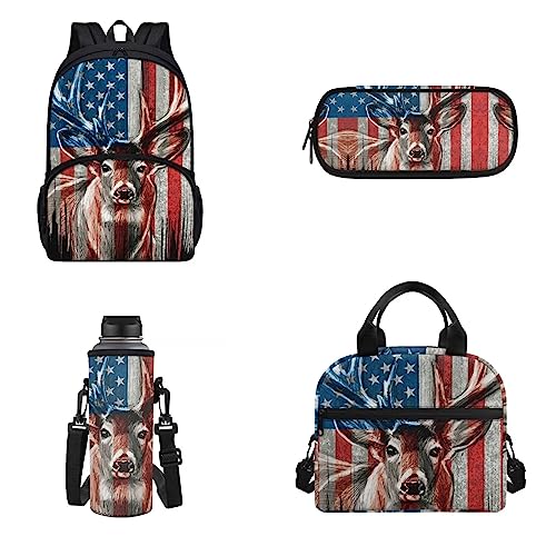 Belidome 4-teiliges Schulrucksack-Set für Männer und Frauen, Lunch-Taschen, Federmäppchen, Wasserflaschen-Tasche, Amerikanische Flagge Hirsch, Einheitsgröße, Kinderrucksack von Belidome