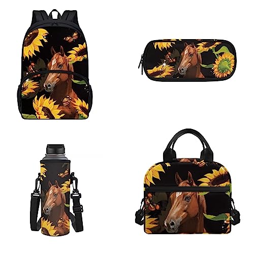 Belidome 4-teiliges Schulrucksack-Set für Männer und Frauen, Lunch-Taschen, Federmäppchen, Wasserflaschen-Tasche, Braunes Pferd Sonnenblume, Einheitsgröße, Kinderrucksack von Belidome