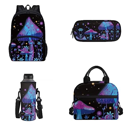 Belidome 4-teiliges Schulrucksack-Set für Männer und Frauen, Lunch-Taschen, Federmäppchen, Wasserflaschen-Tasche, Lila Pilz, Einheitsgröße, Kinderrucksack von Belidome