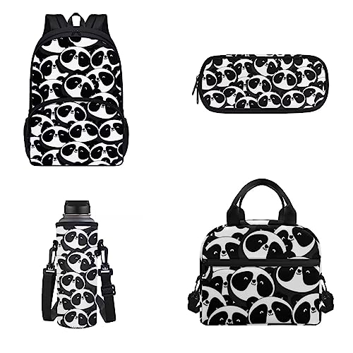 Belidome 4-teiliges Schulrucksack-Set für Männer und Frauen, Lunch-Taschen, Federmäppchen, Wasserflaschen-Tasche, Panda, Einheitsgröße, Kinderrucksack von Belidome