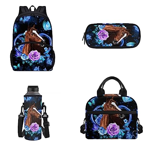 Belidome 4-teiliges Schulrucksack-Set für Männer und Frauen, Lunch-Taschen, Federmäppchen, Wasserflaschen-Tasche, Pferd blaue Rose Blume, Einheitsgröße, Kinderrucksack von Belidome