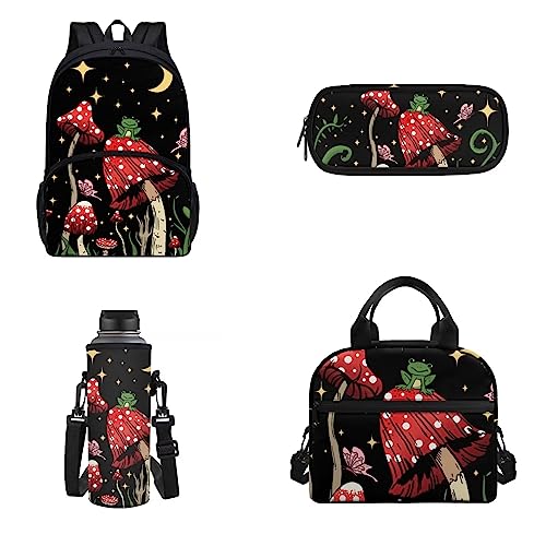 Belidome 4-teiliges Schulrucksack-Set für Männer und Frauen, Lunch-Taschen, Federmäppchen, Wasserflaschen-Tasche, Roter Pilz Frosch, Einheitsgröße, Kinderrucksack von Belidome