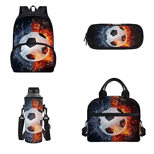 Belidome 4-teiliges Schulrucksack-Set für Männer und Frauen, Lunch-Taschen, Federmäppchen, Wasserflaschen-Tasche, Soccer Fire, Einheitsgröße, Kinderrucksack von Belidome