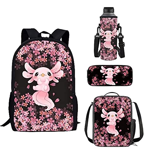 Belidome 4er-Pack Kinder Schulrucksack-Set Lunchtasche Federmäppchen Flaschenhalter Tasche, Axolotl Kirschblüte, Einheitsgröße von Belidome