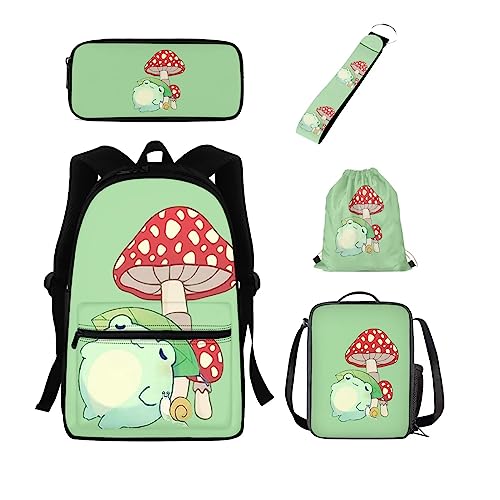 Belidome 5 Stück Kinder Schulrucksack Lunch Federmäppchen Schlüsselanhänger Kordelzug Rucksack Schlüsselanhänger, Froschpilz, Einheitsgröße, Kinderrucksack von Belidome