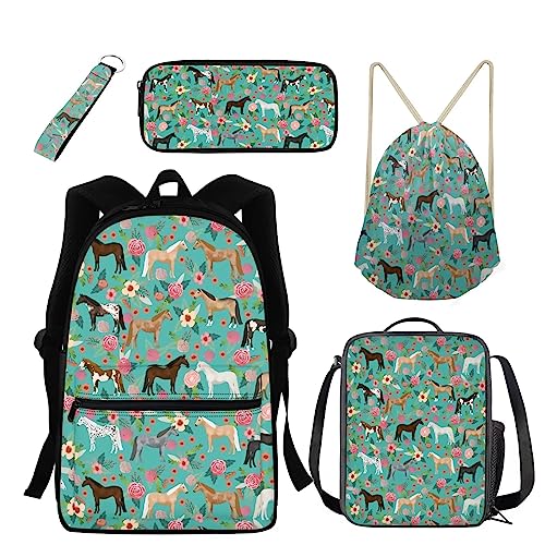 Belidome 5 Stück Kinder Schulrucksack Lunch Federmäppchen Schlüsselanhänger Kordelzug Rucksack Schlüsselanhänger, Pferd Floral, Einheitsgröße, Kinderrucksack von Belidome