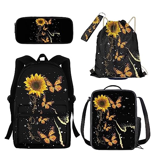 Belidome 5 Stück Kinder Schulrucksack Lunch Federmäppchen Schlüsselanhänger Kordelzug Rucksack Schlüsselanhänger, Sonnenblumen-Schmetterling, Einheitsgröße, Kinderrucksack von Belidome