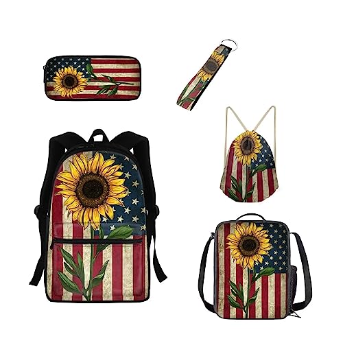 Belidome 5 Stück Kinder Schulrucksack Lunch Federmäppchen Schlüsselanhänger Kordelzug Rucksack Schlüsselanhänger, US-Flagge Sonnenblume, Einheitsgröße, Kinderrucksack von Belidome