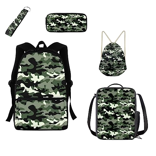 Belidome 5 Stück Kinder Schulrucksack Lunch Federmäppchen Schlüsselanhänger Kordelzug Rucksack Schlüsselanhänger, grün/camouflage, Einheitsgröße, Kinderrucksack von Belidome