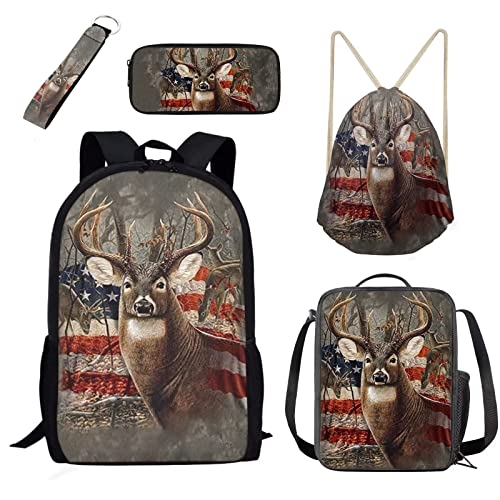 Belidome 5-teiliges Kinder-Rucksack-Set, Büchertasche, Lunch-Tasche, Federmäppchen, Schlüsselanhänger, Kordelzug, Rucksack, Flagge Hirsch USA, Einheitsgröße, Kinderrucksack von Belidome