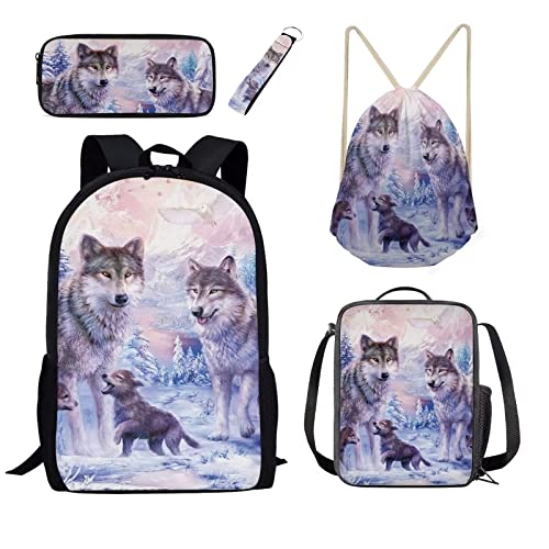 Belidome 5-teiliges Kinder-Rucksack-Set, Büchertasche, Lunch-Tasche, Federmäppchen, Schlüsselanhänger, Kordelzug, Rucksack, wolf, Einheitsgröße, Kinderrucksack von Belidome