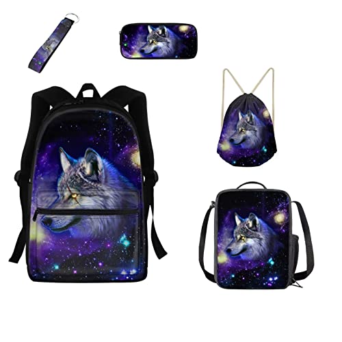 Belidome 5-teiliges Kinder-Rucksack-Set mit isolierter Lunch-Tasche, Federmäppchen, Schlüsselanhänger, Kordelzug, Rucksack, Galaxy Wolf, Einheitsgröße, Kinderrucksack von Belidome