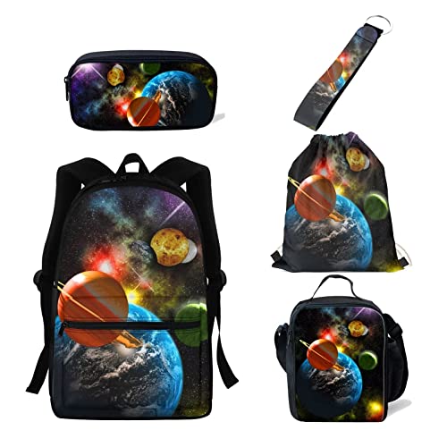 Belidome 5-teiliges Kinder-Rucksack-Set mit isolierter Lunch-Tasche, Federmäppchen, Schlüsselanhänger, Kordelzug, Rucksack, Universum, Einheitsgröße, Kinderrucksack von Belidome