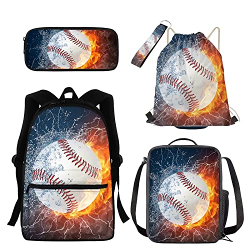 Belidome 5-teiliges Kinder-Rucksack-Set mit isolierter Lunch-Tasche, Federmäppchen, Schlüsselanhänger, Kordelzug, Rucksack, Wasser- und Feuer-Softball, Einheitsgröße, Kinderrucksack von Belidome