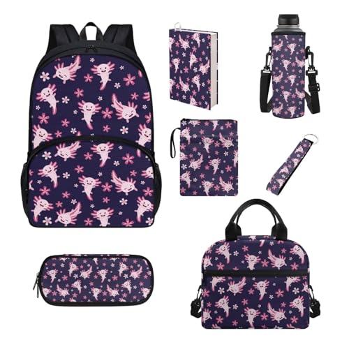 Belidome 7-teiliges Rucksack-Set für Grundschule, Mädchen, Jungen, Büchertasche, Lunchtasche, Federmäppchen, Kirschblüte Axolotl, Einheitsgröße, Schulranzen-Set von Belidome