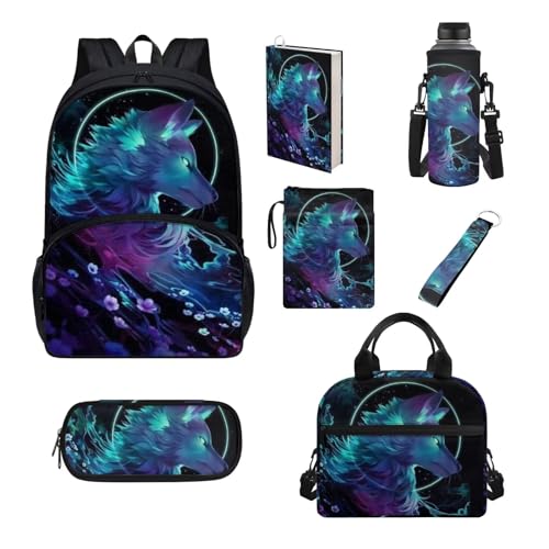 Belidome 7-teiliges Rucksack-Set für Grundschule, Mädchen, Jungen, Büchertasche, Lunchtasche, Federmäppchen, wolf, Einheitsgröße, Schulranzen-Set von Belidome